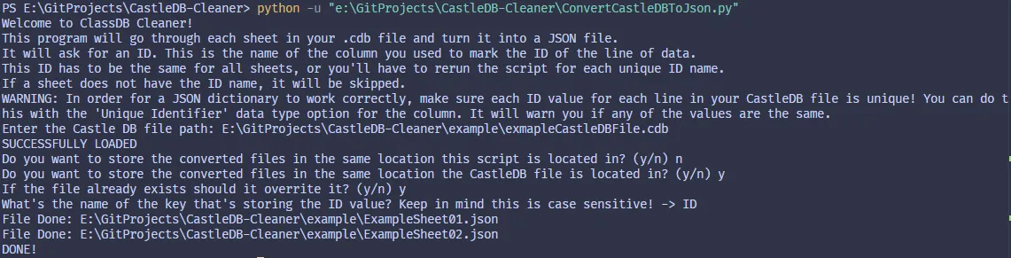 CastleDB Cleaner console output screenshot