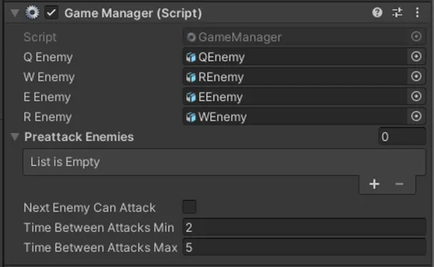 Screenshot of the game manager in the inspector